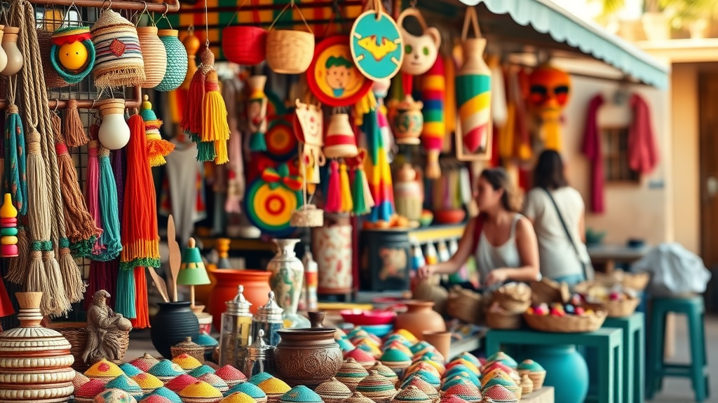 Vibrant local market stall with colorful handmade crafts and souvenirs in Cabo San Lucas