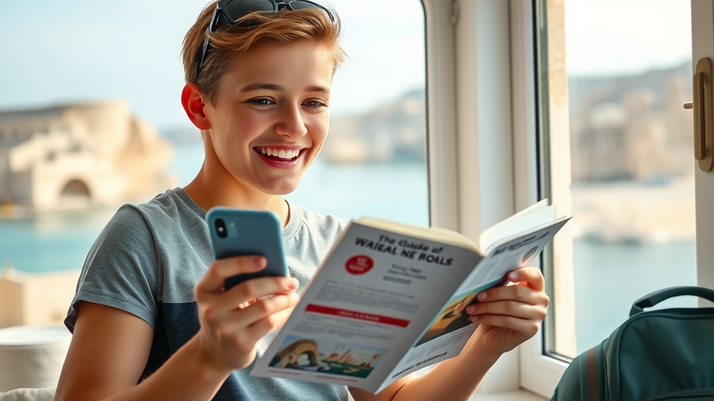 Optimistic young traveler planning budget day Cabo with guidebook and phone