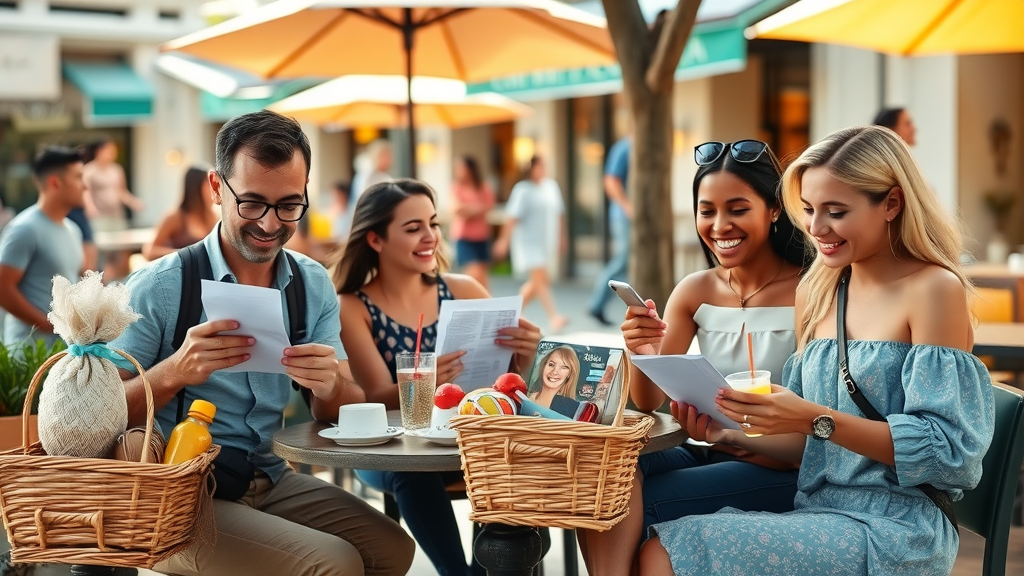 Budget shopping Cabo travelers reviewing receipts and shopping lists at a small local café with baskets of souvenirs