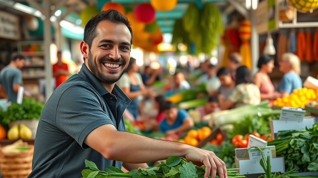 Budget shopping Cabo vibrant local market with smiling man shopping fresh vegetables at colorful produce stand