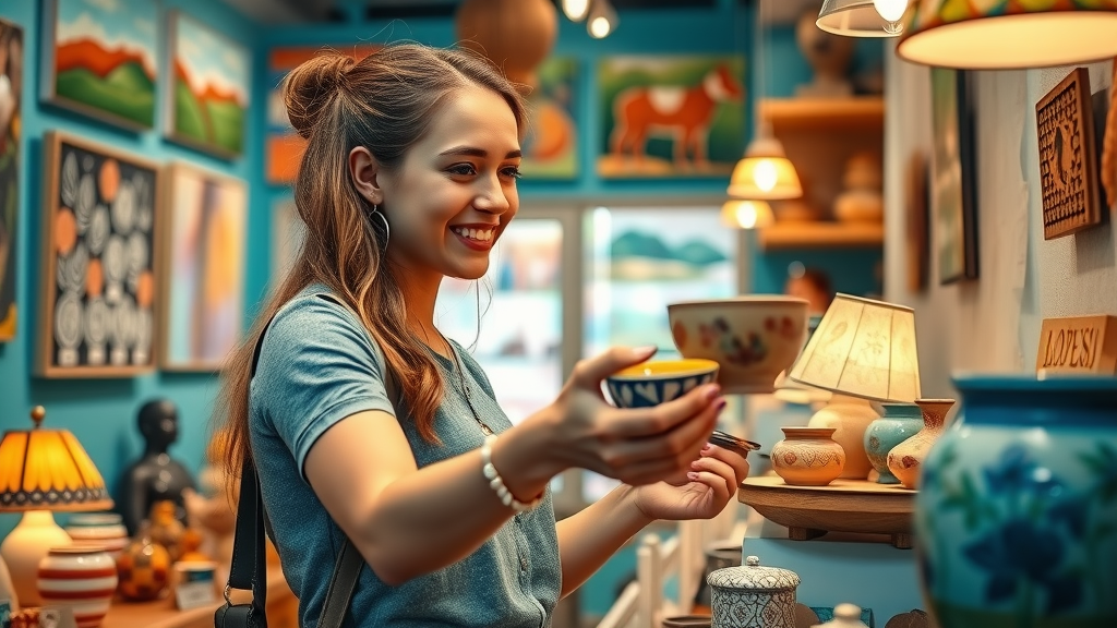 Young woman browsing artisanal crafts in a colorful gallery in San José del Cabo during budget shopping Cabo