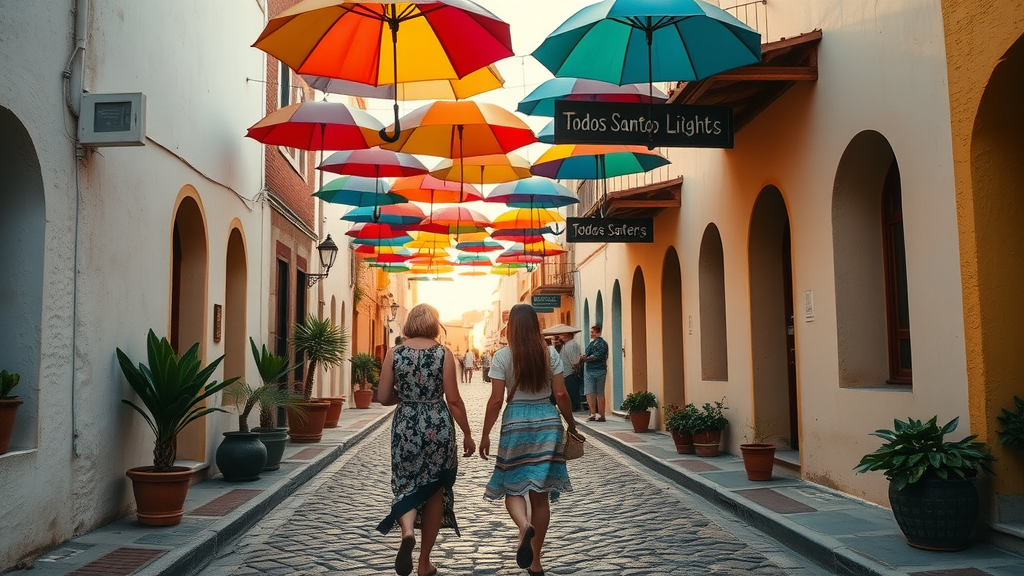Exploring Todos Santos cobblestone street with colorful umbrellas for budget shopping Cabo experience