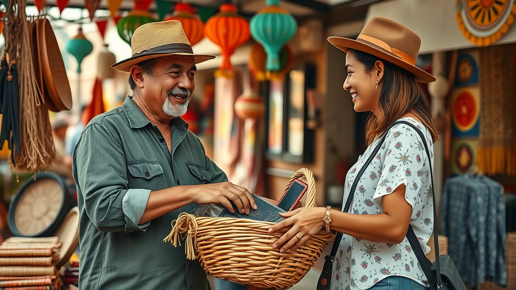 Friendly local vendor and traveler negotiating over basket of souvenirs in budget shopping Cabo market