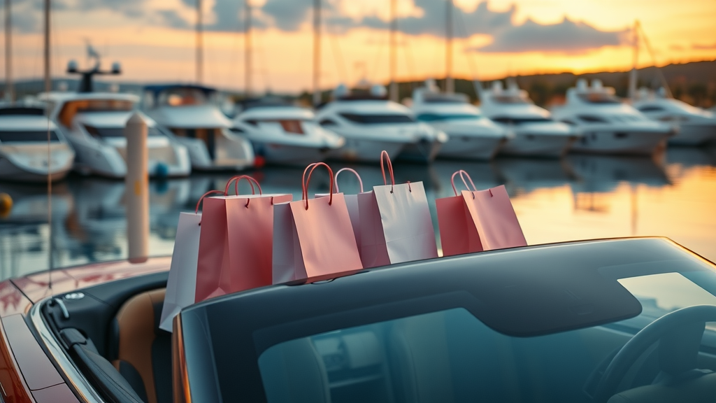 Luxury shopping bags on convertible near yachts at a marina with sunset symbolizing upscale shopping in Cabo San Lucas