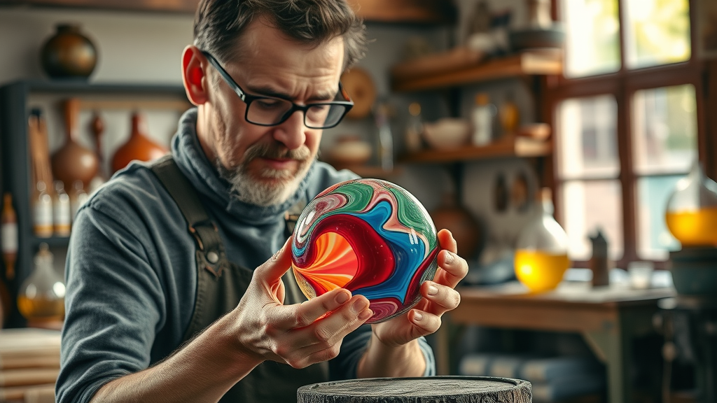 Artisan shaping colorful hand-blown glass piece in traditional workshop during budget shopping Cabo