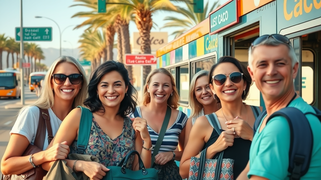 Passengers boarding public bus in Los Cabos providing budget-friendly transportation options