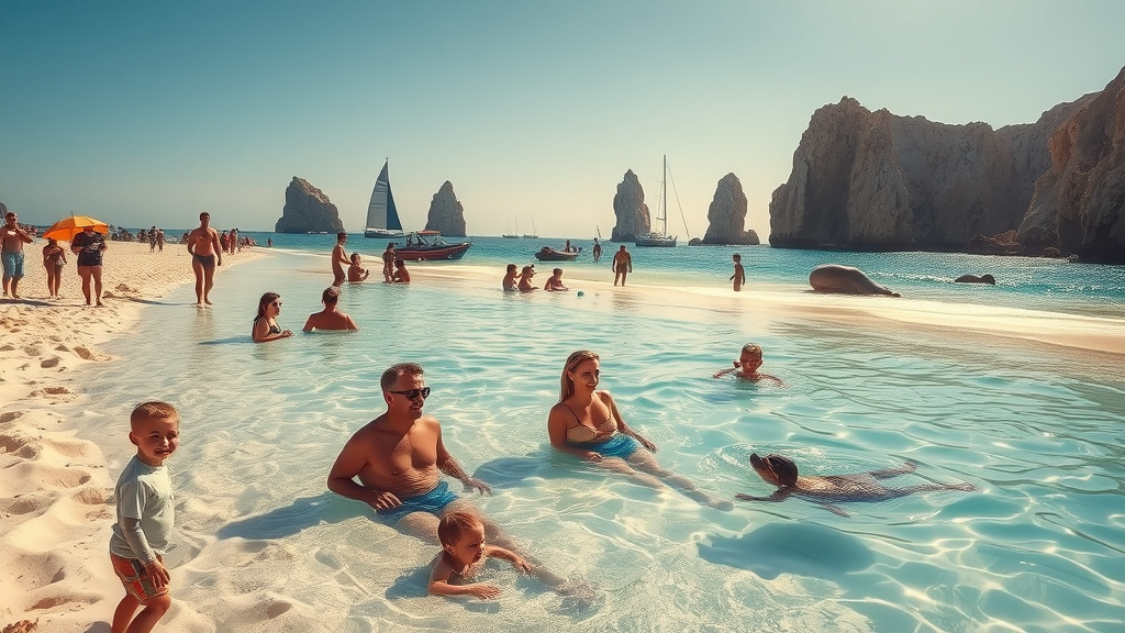 Public beach in Cabo with visitors enjoying sun, sea lions, and ocean views on a budget