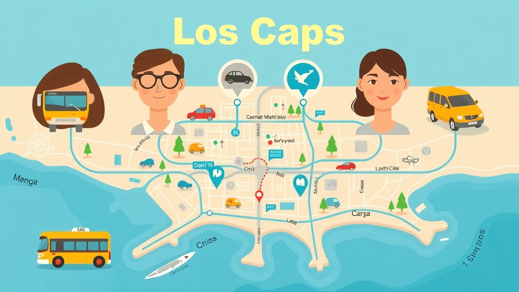 Infographic showing transportation options in Los Cabos with maps and icons for budget travelers