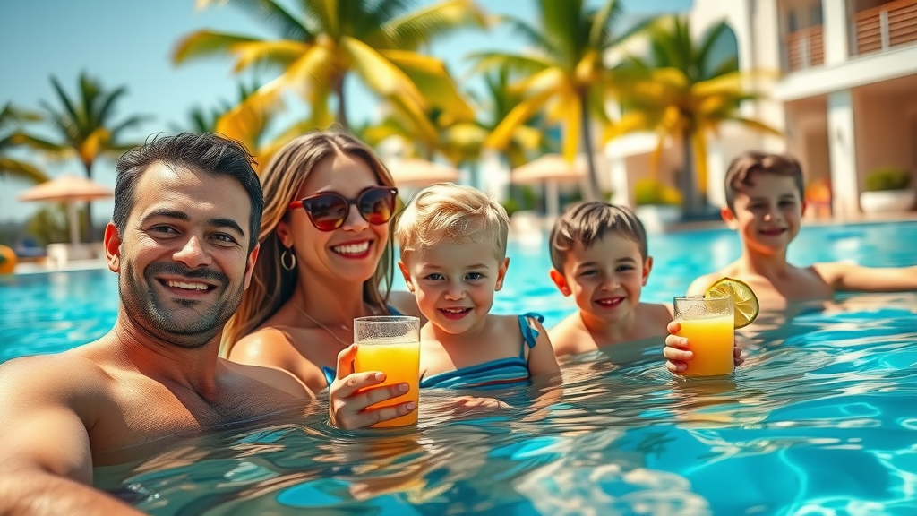 Vibrant family enjoying a sun-filled Cabo resort, relaxing by a sparkling pool, perfect for cabo family vacations