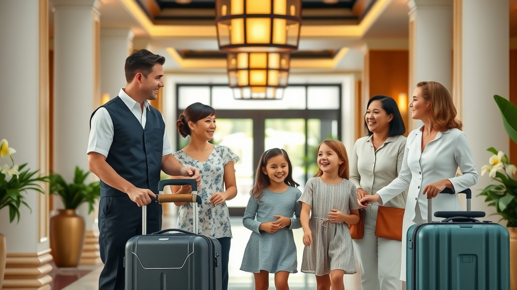 Welcoming resort staff greeting a multi-generational family in cabo san lucas family resort lobby