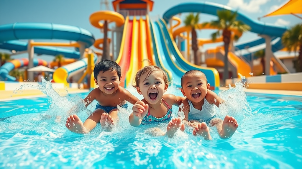 Playful children sliding down a vibrant water slide at a cabo san lucas family resort for cabo family vacations