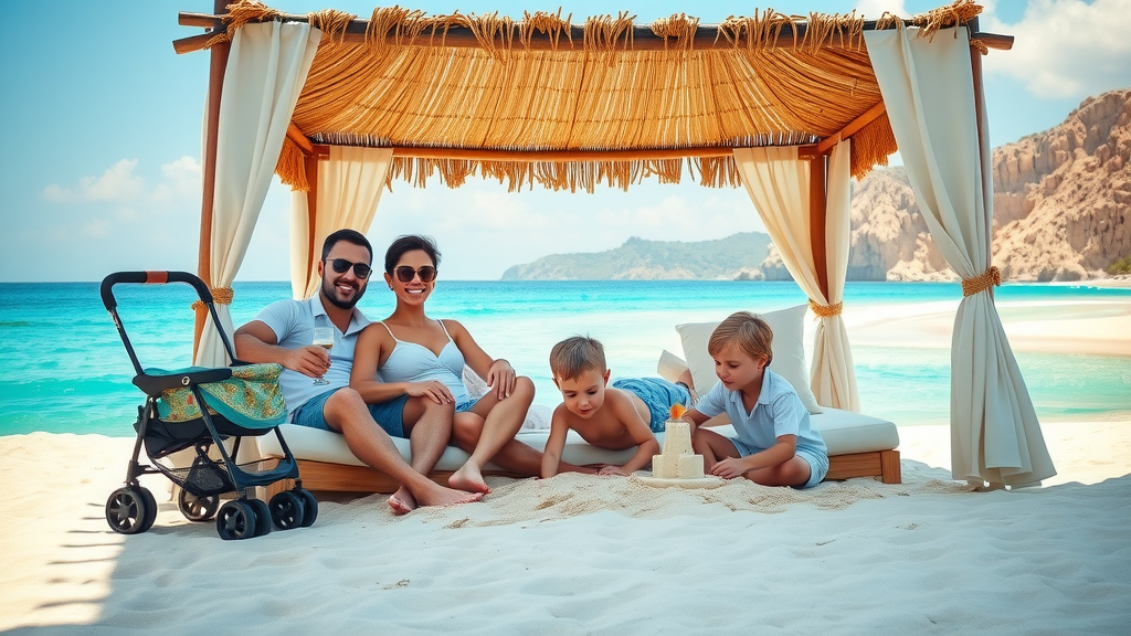 Content parents relaxing on a shaded beach cabana during cabo family vacations, as kids play safely nearby