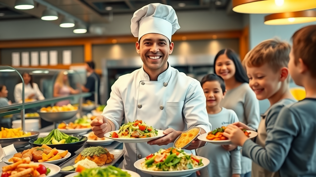 Smiling chef presenting fresh kid-friendly meal to family in cabo resort, dining during cabo family vacations