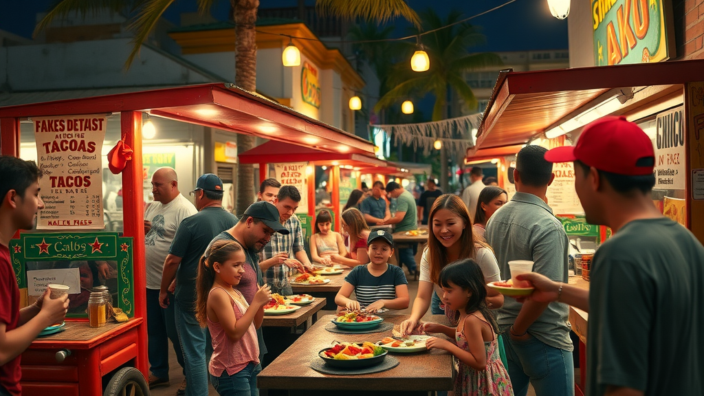 Authentic Cabo taco stand bustling with families, best family-friendly local dining experience