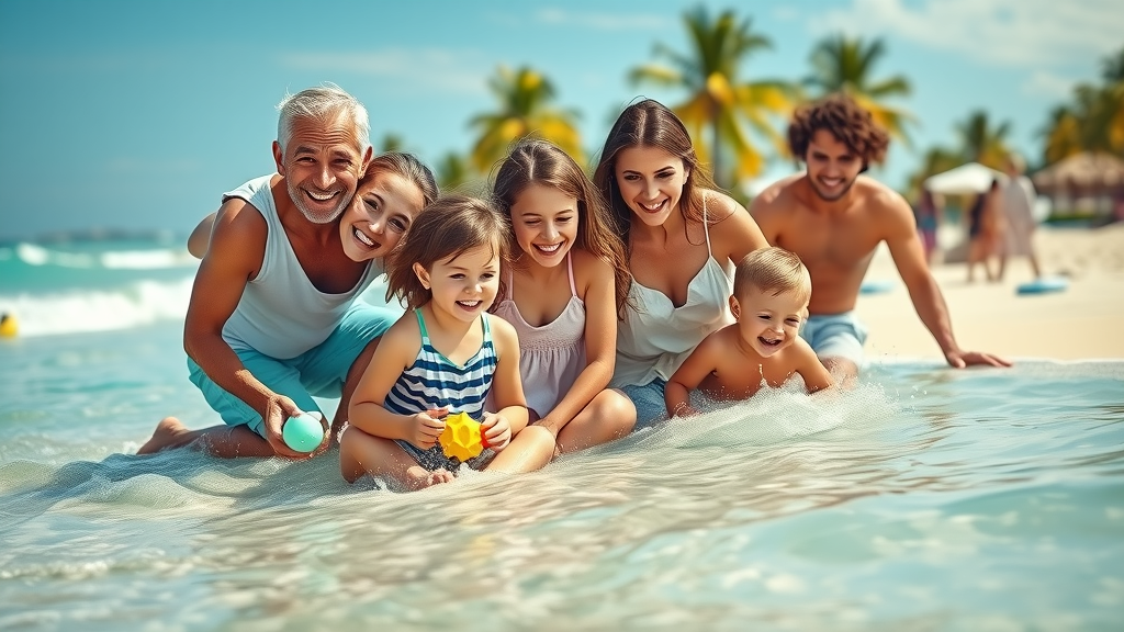 Multi-generational family enjoying Medano Beach in Cabo San Lucas, smiling and playing in gentle surf with palm trees in the background, representing family-friendly activities in Cabo