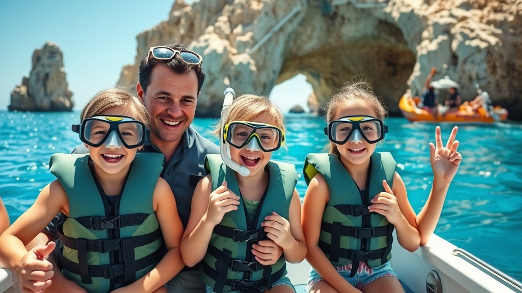 Excited family in life jackets preparing for a snorkeling tour in Cabo San Lucas bay with rocky arches and clear blue water, an exciting family-friendly activity in Cabo
