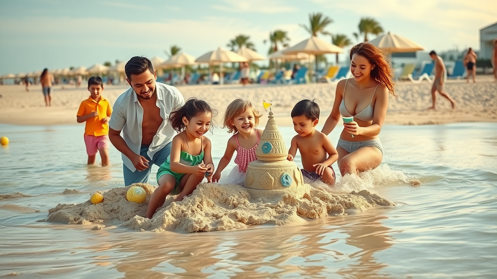 Playful children and relaxed parents building a sandcastle and wading in sunlit Medano Beach in Cabo, a top family-friendly activity