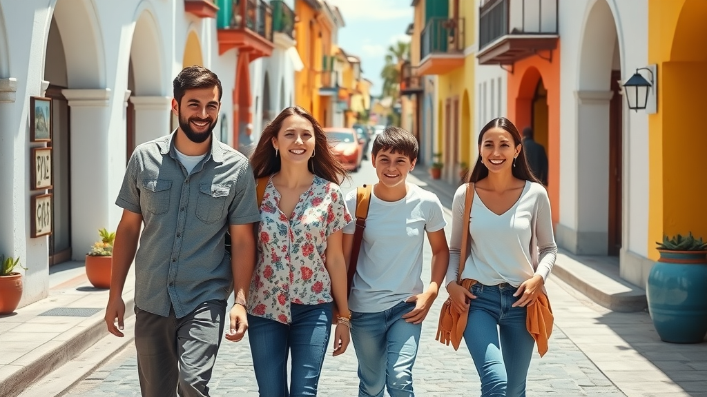 Smiling family strolling a colorful cobblestone street with art galleries and murals in historic San Jose del Cabo’s central plaza—perfect for creative family day trips