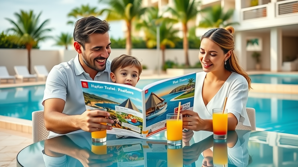 Happy parents and children reviewing a travel brochure poolside at a Cabo resort, planning their family-friendly Cabo adventures