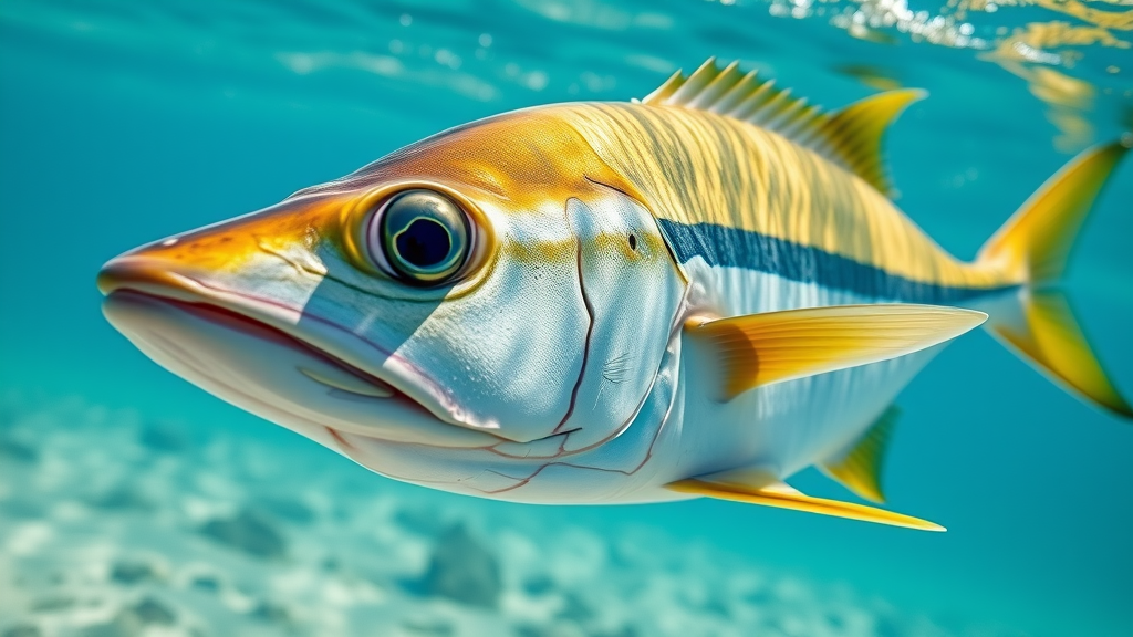 Detailed close-up of a dorado mahi-mahi fish in clear Cabo waters, showcasing vibrant colors and biological features