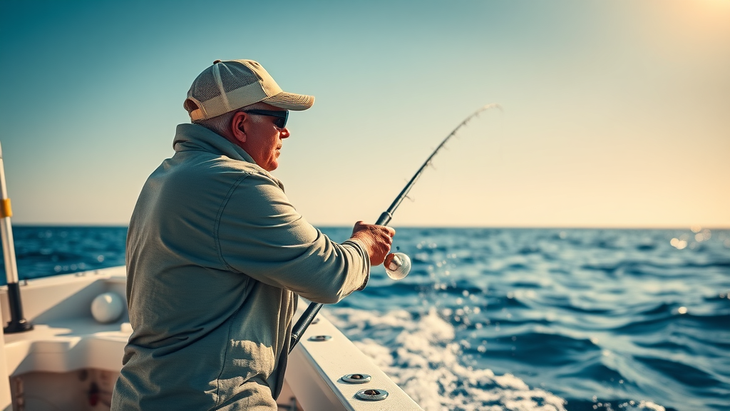 Experienced angler casting from a Cabo San Lucas sportfishing boat targeting dorado fish, showing dynamic motion and professional fishing gear