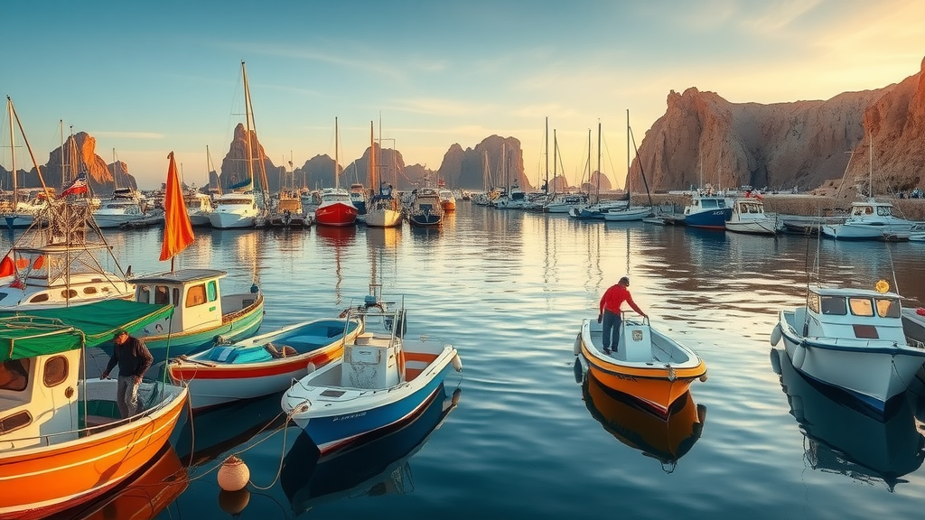 Picturesque Cabo San Lucas marina at sunrise, boats and anglers preparing for a day of dorado fishing with Land