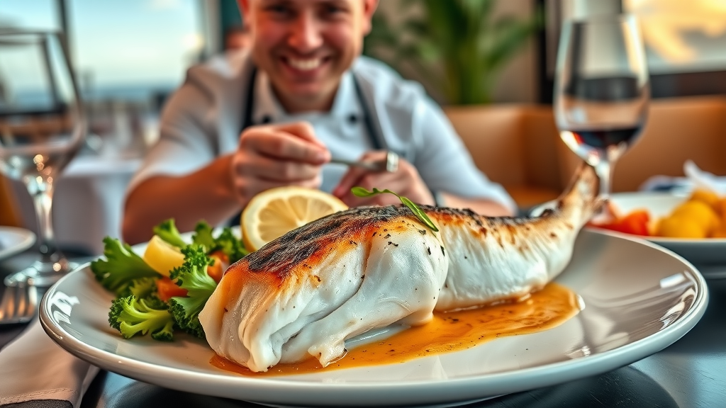 Freshly prepared dorado mahi-mahi fillet artfully served in a Cabo restaurant, with gourmet dipping sauces and citrus garnish, exuding vibrant flavors enjoyed by locals and visitors alike