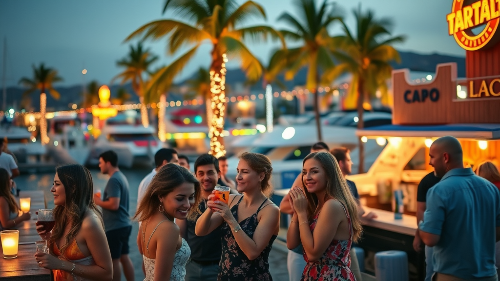 Cabo nightlife planning: lively Cabo San Lucas marina at dusk with groups enjoying tropical drinks by palm-lined waterfront bars