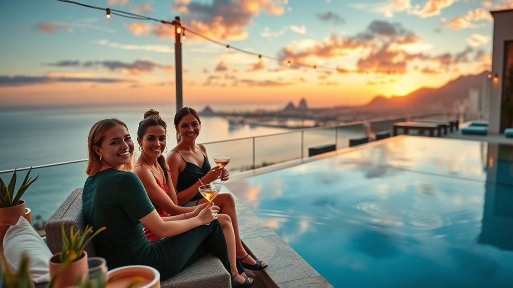 Cabo nightlife planning: chic rooftop lounge guests enjoying cocktails at sunset overlooking ocean and cityscape