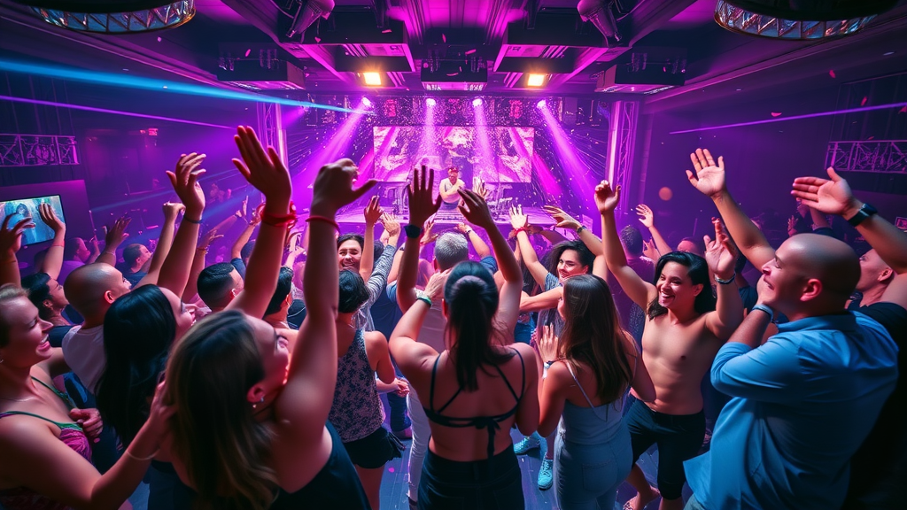 Cabo nightlife planning: energetic nightclub scene with partygoers dancing under neon lights with DJ on stage