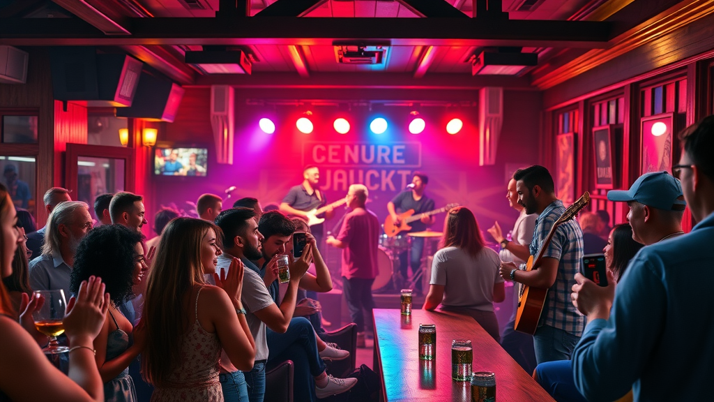 Cabo nightlife planning: lively crowd enjoying live music at bar with stage lighting and musicians performing