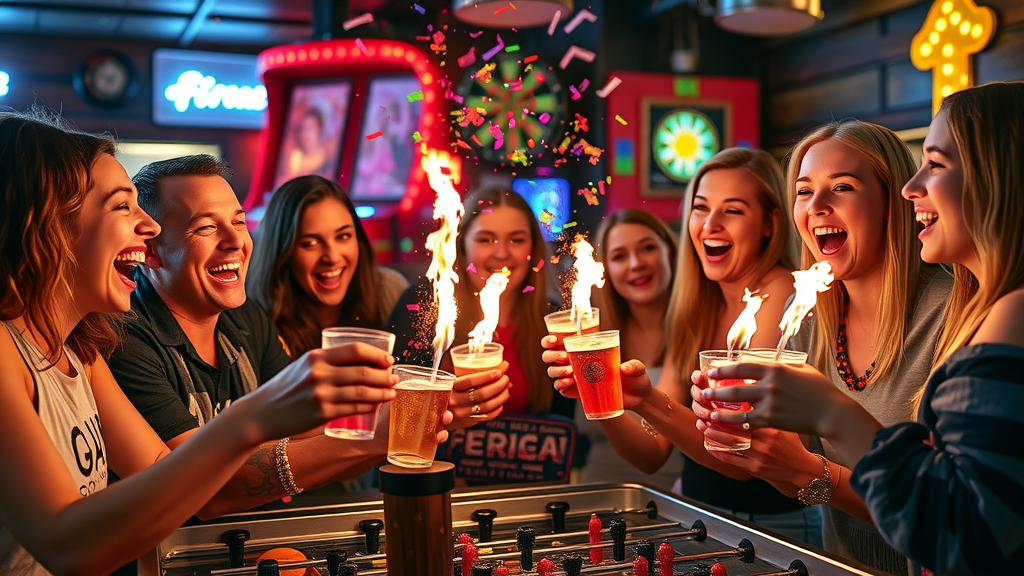 Cabo nightlife planning: friends laughing and taking flaming shots at a lively themed bar with games and costumes