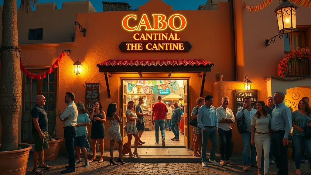 Traditional cabo cantinas with lively, welcoming atmosphere and groups of friends laughing