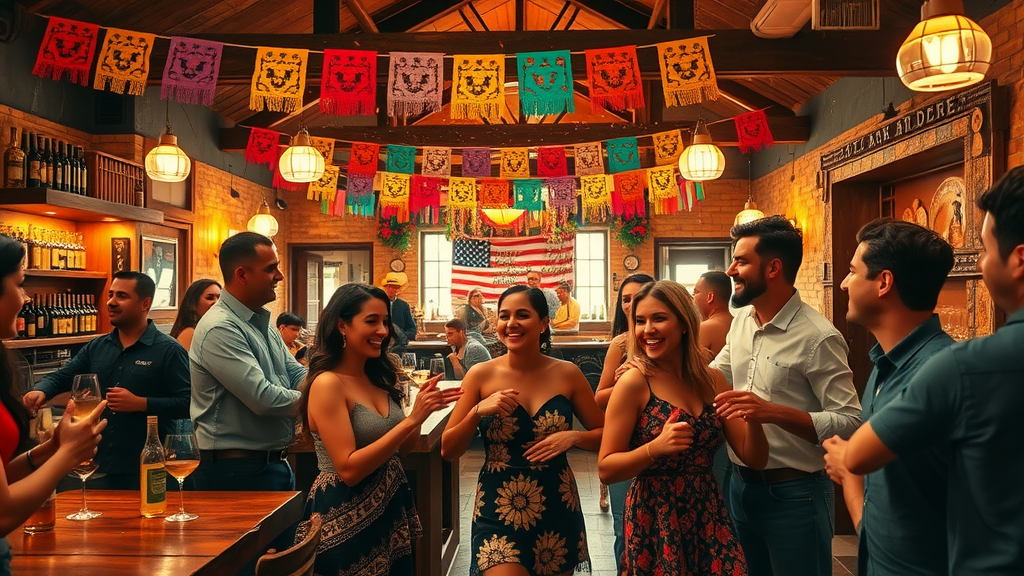 Interior of a vibrant Cabo cantina with live banda music and joyful people dancing