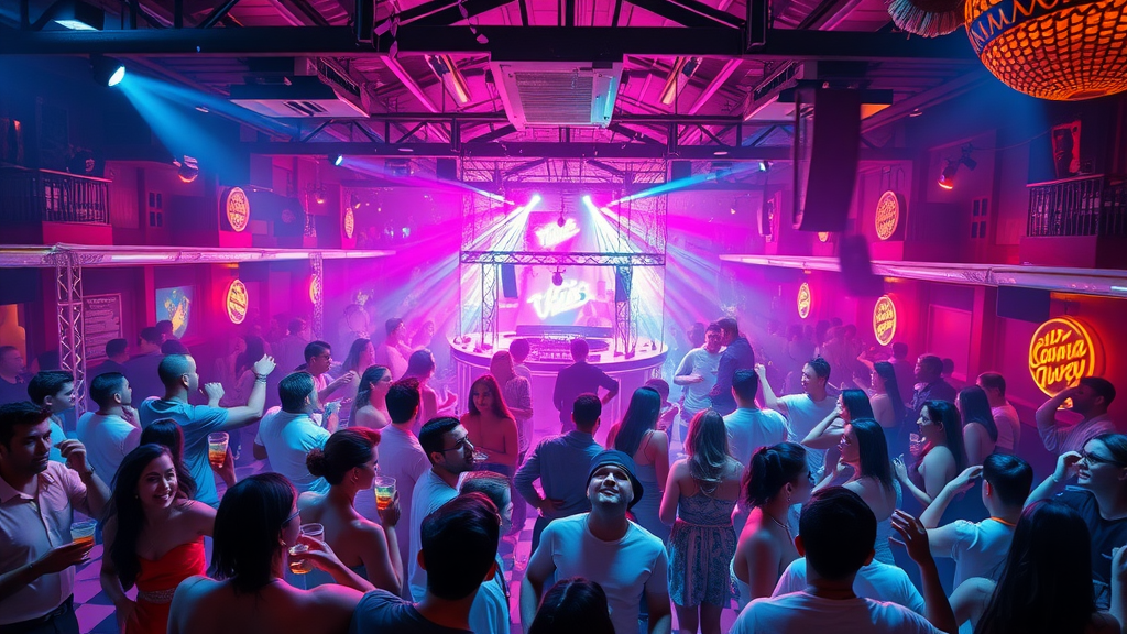 Energetic dance floor in a multi-level Cabo cantina with vibrant lighting and dancing crowd