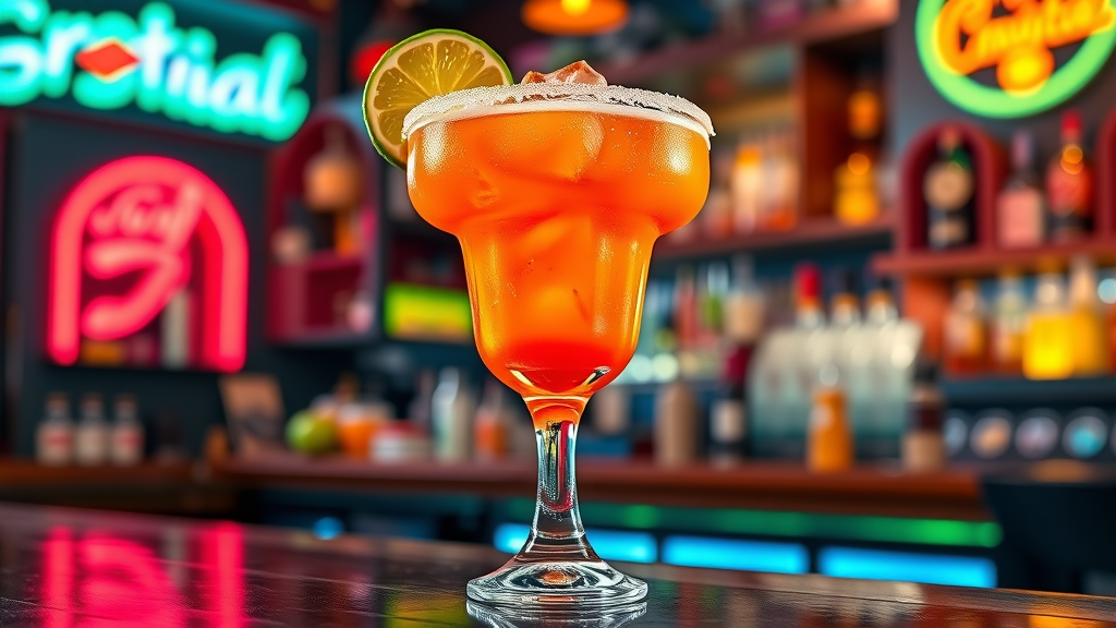 Mega margarita cocktail glass with lime garnish at a vibrant Cabo cantina bar