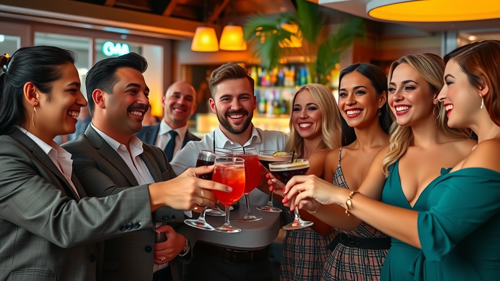 Chic Cabo cocktail lounge with well-dressed friends toasting cocktails in a stylish bar with tropical influences