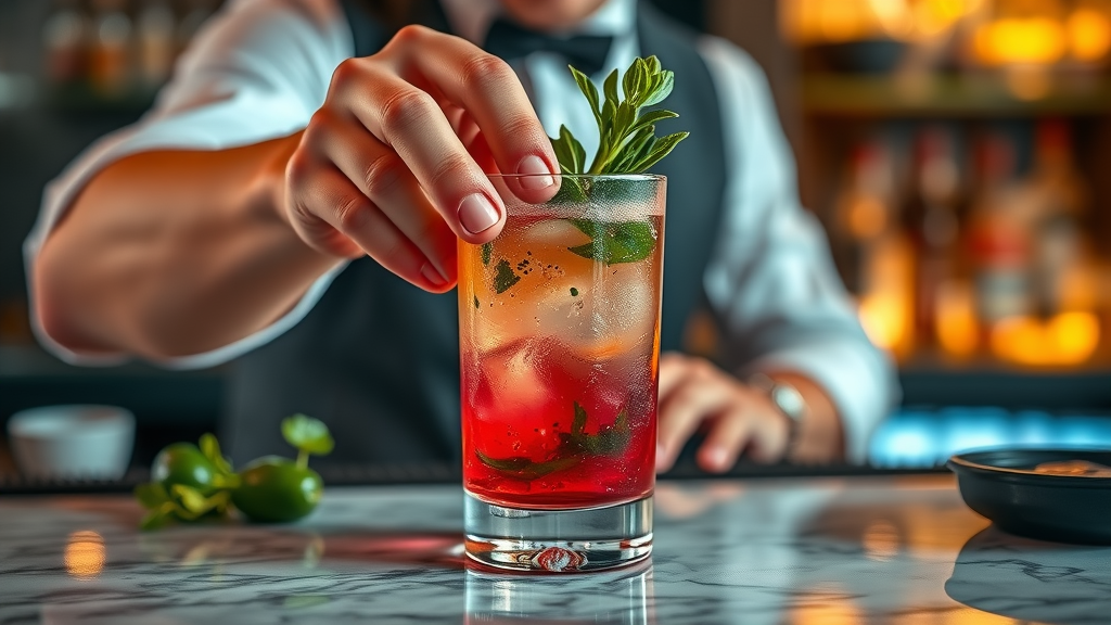 Bartender hands preparing colorful herb-infused cocktail at a Cabo cocktail lounge with elegant marble bar and ambient lounge lighting