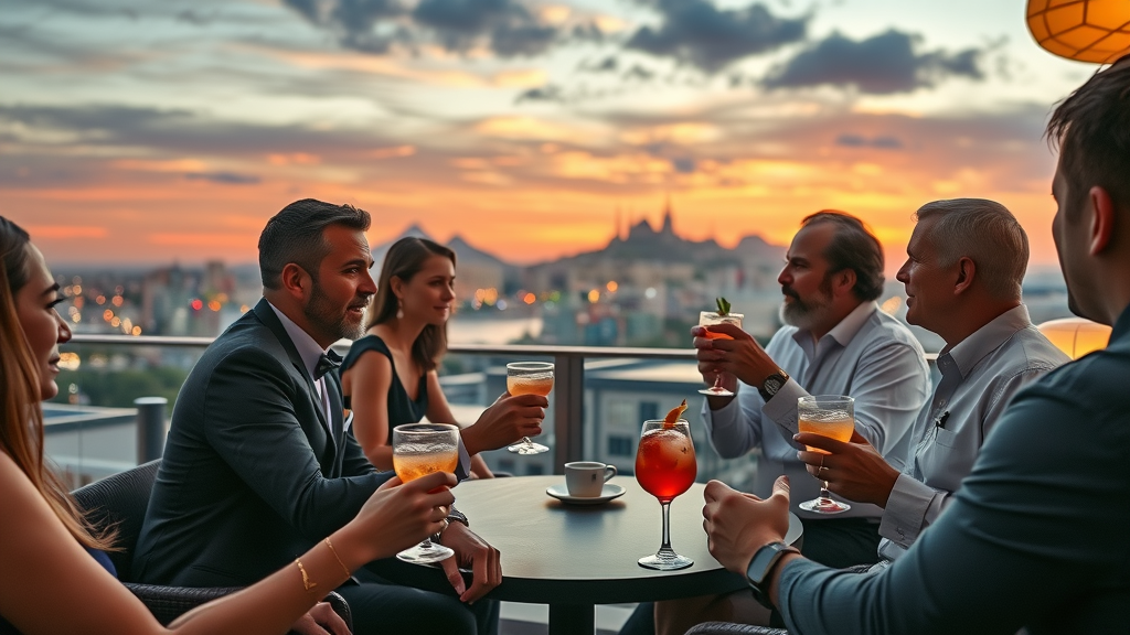 Elegant rooftop cocktail lounge with patrons enjoying craft cocktails and panoramic sunset view of Cabo San Lucas