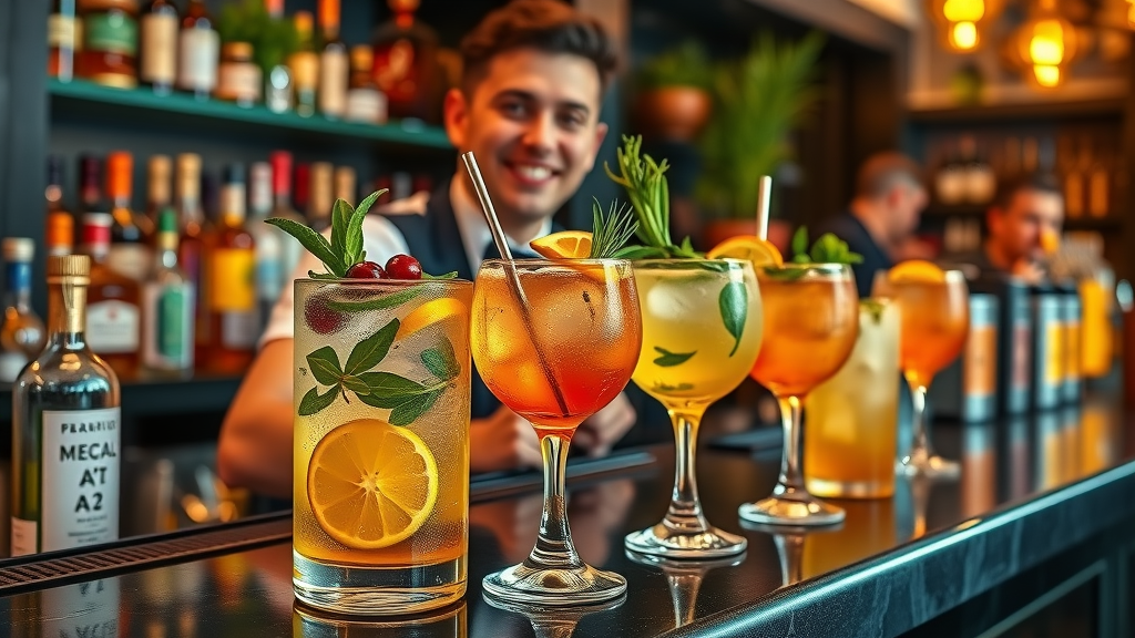 Trendy cocktail lounge bar counter featuring vibrant mezcal-based drinks with fresh herbs and exotic garnishes