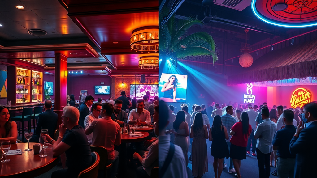 Contrasting nightlife scene showing an elegant cocktail lounge beside vibrant beach bar and nightclub with diverse crowd interactions
