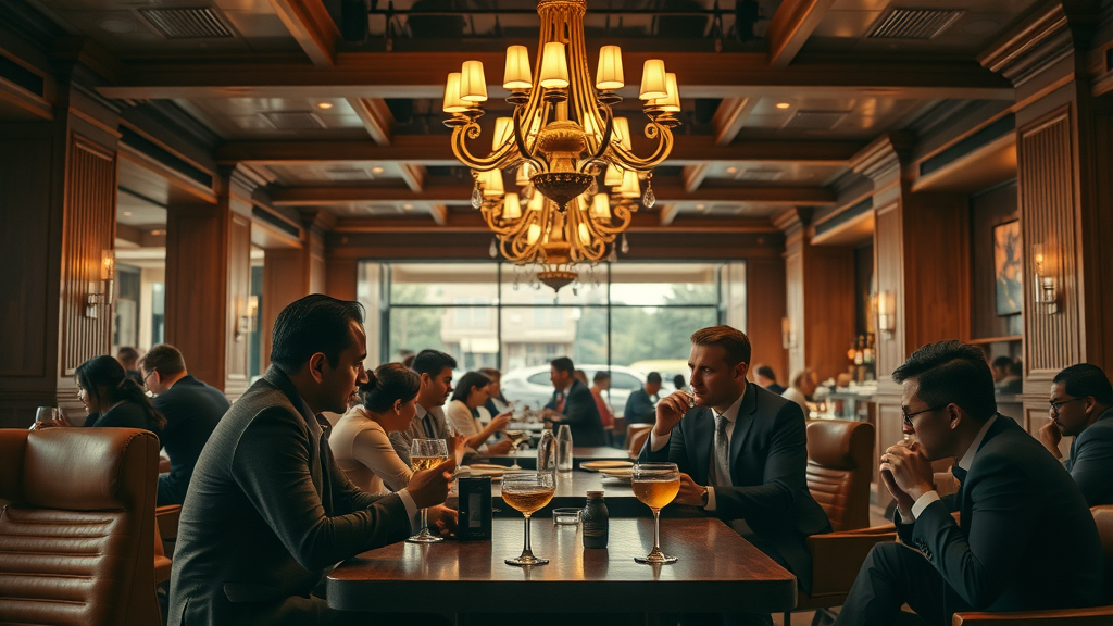 Stylish indoor cocktail lounge with patrons savoring drinks, modern wooden furniture, and striking chandelier under warm ambient lighting