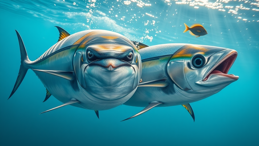 Yellowfin and bluefin tuna side by side, swimming underwater, clear open ocean, photorealistic, sunlight, bubbles, silver and yellow highlights