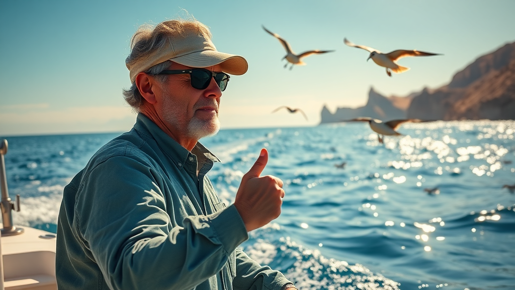 Yellowfin tuna fishing guide scanning Cabo ocean for fish, observing seabird and baitfish activity, photorealistic, Pacific seascape, cliffs, golden hour