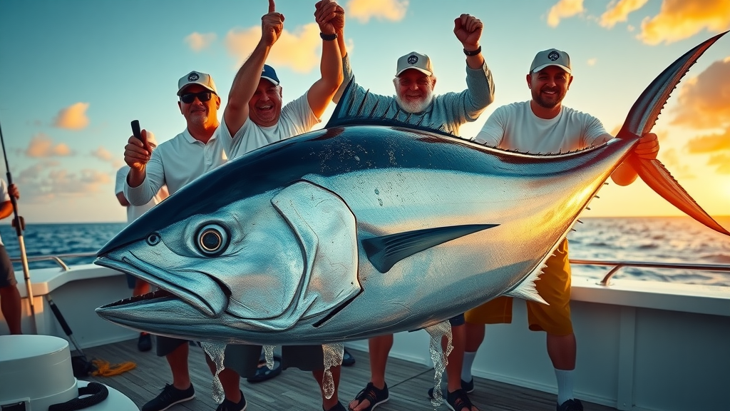 Yellowfin tuna fishing: Angler and crew hoisting massive yellowfin onto deck, photorealistic, sunrise, open ocean, documentary style, natural poses