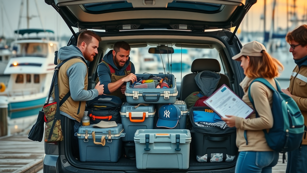 Anglers packing yellowfin tuna fishing gear: organized, lively team at marina, photorealistic, packed rods, tackle, apparel, coolers, licenses, early morning light
