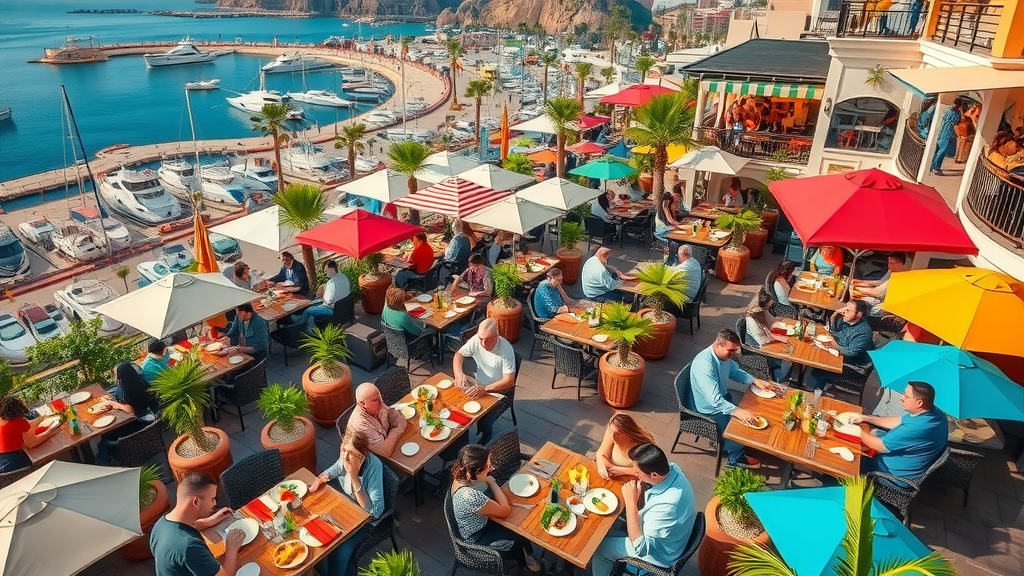 Vibrant aerial view of Cabo San Lucas with diverse restaurant patios overlooking marinas and beaches featuring Cabo fine dining and family restaurants