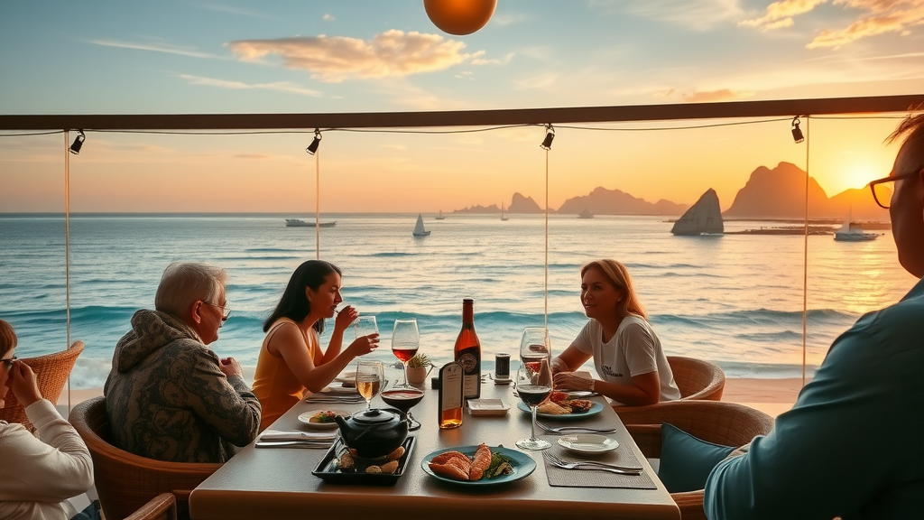 Breathtaking oceanview restaurant at sunset in Cabo San Lucas with guests enjoying fresh seafood - Cabo fine dining and family restaurants