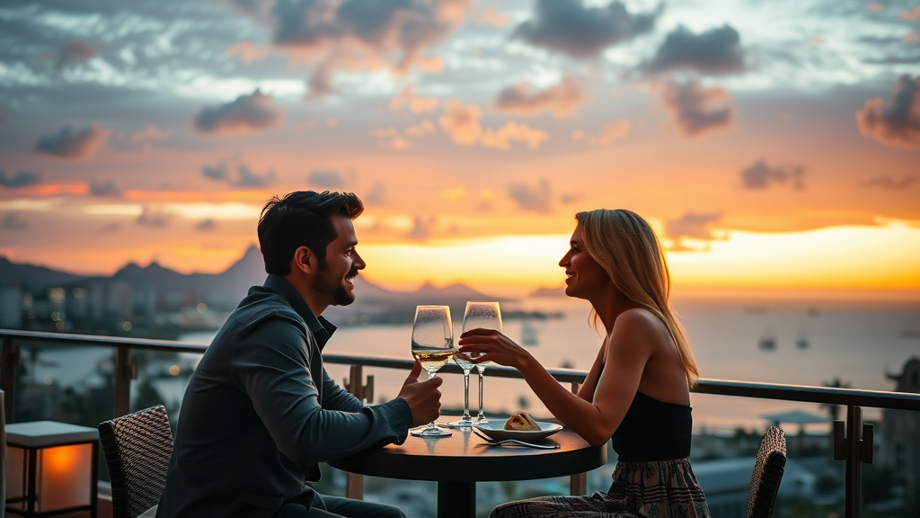 Elegant rooftop restaurant in Cabo San Lucas with romantic couple dining at sunset - Cabo fine dining and family restaurants