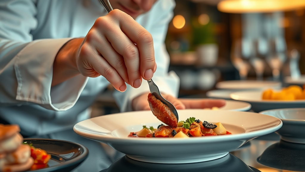 Exquisite gourmet dish close-up being plated in fine dining restaurant in Cabo - part of Cabo fine dining and family restaurants